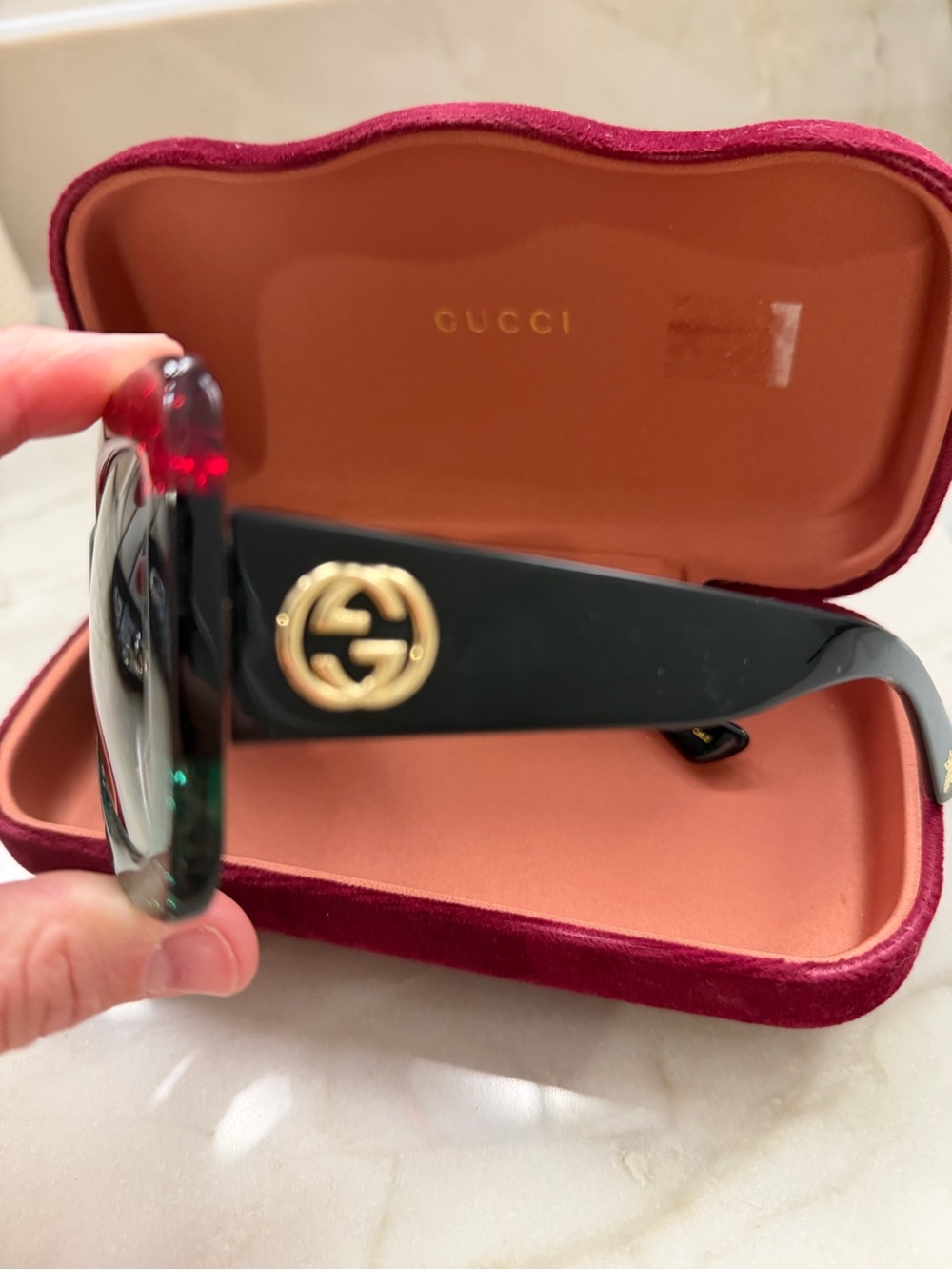 Gucci Two-Tone Red & Green Glitter Square Sunglasses - Picture 4 of 4